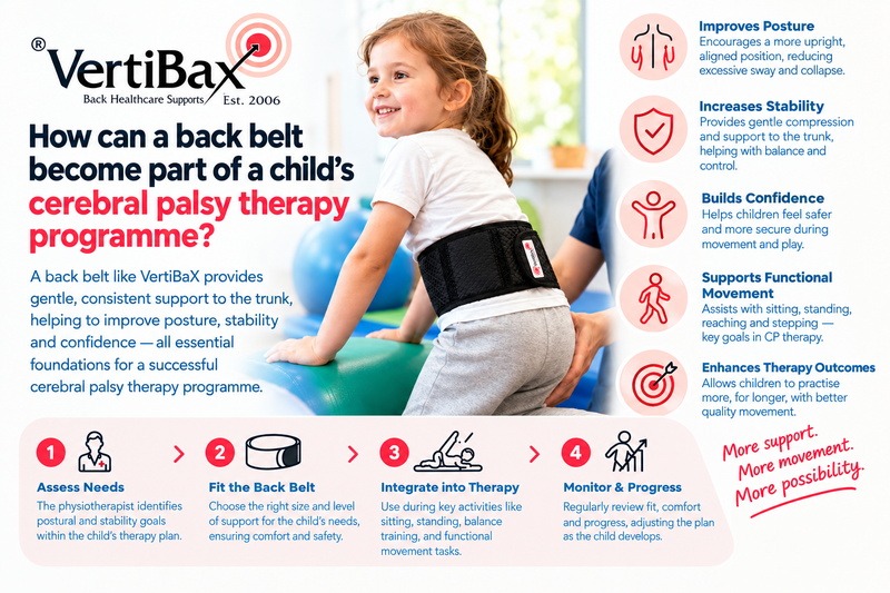How can a back belt become part of a child's cerebral palsy therapy programme?