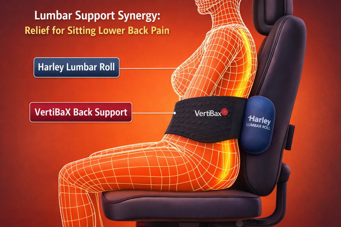 Harley Lumbar Rolls and the VertiBaX Healthcare Sensory Belt - Sitting Pain Relief